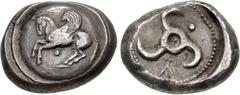 Greek DYNASTS of LYCIA. Khinakha(?). Circa 440/30-400 BC. AR Stater (19.5mm, 9.84 g). Uncertain mint (possibly Limyra). Pegasos flying left; pellet below; all on raised round shield / Triskeles with c