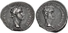 Roman Imperial Gaius (Caligula), with Germanicus. AD 37-41. AR Denarius (20mm, 3.51 g, 9h). Lugdunum (Lyon) mint. 2nd emission, 1st phase, late AD 37. Bare head of Gaius (Caligula) right / Bare head o