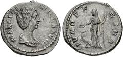 Roman Imperial Manlia Scantilla. Augusta, AD 193. AR Denarius (18.5mm, 3.30 g, 11h). Rome mint. Struck under Didius Julianus. Draped bust right / Juno standing left, holding patera and scepter; at fee