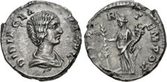 Roman Imperial Didia Clara. Augusta, AD 193. AR Denarius (16.5mm, 2.57 g, 12h). Rome mint. Struck under Didius Julianus. Draped bust right / Hilaritas standing left, holding long palm frond and cornuc