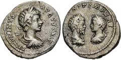 Roman Imperial Caracalla, with Septimius Severus. AD 198-217. AR Denarius (18.5mm, 2.60 g, 11h). Dynastic issue. Rome mint. Struck 199-201. Laureate, draped, and cuirassed bust of Caracalla right / Bu