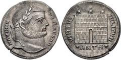 Roman Imperial Galerius. As Caesar, AD 293-305. AR Argenteus (19mm, 3.18 g, 12h). Antioch mint, 8th officina. 8th emission, 1st phase. Laureate head right / Three-turreted city gate without doors; *AN