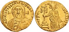 The Family of Constantine Collection Justinian II. First reign, 685-695. AV Solidus (19.5mm, 4.45 g, 6h). Constantinople mint, 1st officina. Struck 692-695. Nimbate facing bust of Christ Pantokrator, 