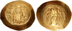 The Family of Constantine Collection Andronicus I Comnenus. 1183-1185. AV Hyperpyron (30mm, 4.39 g, 6h). Constantinople mint. The Theotokos enthroned facing, holding facing bust of the Holy Infant on 