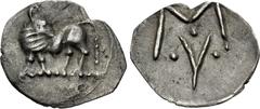 Greek LUCANIA, Sybaris. Circa 550-510 BC. AR Hemiobol(?) (11mm, 0.23 g, 11h). Bull standing left, head right; VM in exergue / Large M above V; three pellets around. Cf. S&S Class B, pl. 48, 12 (obol);