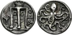 Greek BRUTTIUM, Kroton. Circa 425-350 BC. AR Triobol (10mm, 0.98 g, 10h). Tripod with high neck surmounted by wreaths, legs terminating in lion's feet; ivy leaf to left / Octopus. Attianese 82 corr. (