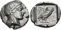 Greek ATTICA, Athens. Circa 454-404 BC. AR Tetradrachm (25.5mm, 17.09 g, 10h). Helmeted head of Athena right, with frontal eye / Owl standing right, head facing, closed tail feathers; olive spray and 
