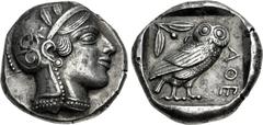 Greek ATTICA, Athens. Circa 454-404 BC. AR Tetradrachm (24mm, 17.43 g, 7h). Helmeted head of Athena right, with frontal eye / Owl standing right, head facing, closed tail feathers; olive spray and cre