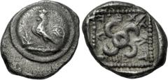 Greek DYNASTS of LYCIA. Teththiweibi. Circa 450-430/20 BC. AR Sixth Stater (10mm, 1.11 g). Uncertain mint (Kandyba?). Cock standing left; monogram to left / Tetraskeles in dotted square within incuse 
