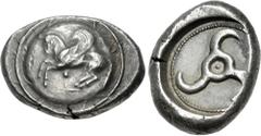 Greek DYNASTS of LYCIA. Khinakha(?). Circa 440/30-400 BC. AR Stater (22mm, 9.89 g). Pegasos flying left; pellet below; all on raised round shield / Triskeles with central pellet in pelleted circle wit