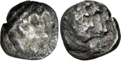 Greek PTOLEMAIC KINGS of EGYPT. Ptolemy II Philadelphos, with Arsinöe II, Ptolemy I, and Berenike I. 285-246 BC. AR Triobol (9.5mm, 1.43 g, 12h). Jerusalem mint. Struck circa 272 BC. Conjoined busts o