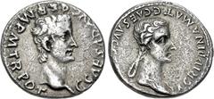 Roman Imperial Gaius (Caligula), with Agrippina Senior. AD 37-41. AR Denarius (17.5mm, 3.66 g, 4h). Lugdunum (Lyon) mint. 2nd emission, 1st phase, late AD 37. Bare head of Gaius (Caligula) right / Dra