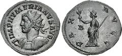 Roman Imperial Numerian. AD 283-284. Antoninianus (22.5mm, 2.79 g, 6h). Lugdunum (Lyon) mint. Struck early AD 284. Radiate and cuirassed bust left, holding spear over shoulder and shield / Pax standin