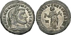 Roman Imperial Maxentius. As Princeps and Caesar, AD 306-307. Æ Follis (26.5mm, 10.81 g, 12h). Carthage mint, 4th officina. 1st emission, late Summer-Fall AD 307. Laureate head right / Carthago standi