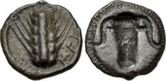 Greek LUCANIA, Metapontion. Circa 470-440 BC. AR Sixth Nomos – Triobol (12.5mm, 1.22 g, 6h). Ear of barley with six grains / Incuse boukranion. Noe 275 (same obv. die); HN Italy 1487. Thick find patin