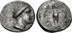 Greek PONTOS, Amisos. Circa 300-125 BC. AR Triobol – Hemidrachm (12.5mm, 1.68 g, 12h). Askleous, magistrate(?). Turreted head of Hera right / Owl standing facing, wings spread, on shield; A to inner l