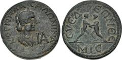 Roman Provincial CILICIA, Syedra. Salonina. Augusta, AD 254-268. Æ Hendekassarion (29.5mm, 17.03 g, 6h). Draped bust right, wearing stephane; IA (mark of value) before / Two wrestlers grappling. RPC X
