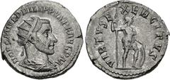 Roman Imperial Philip I. AD 244-249. AR Antoninianus (22mm, 4.79 g, 12h). Antioch mint. 1st series, 2nd issue, AD 247-248. Radiate, draped, and cuirassed bust right / VIRTVS EXERCITVS, Virtus standing