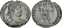 Roman Imperial Jovian. AD 363-364. Æ (27mm, 8.17 g, 12h). Thessalonica mint, 4th officina. Laurel and rosette-diademed, draped, and cuirassed bust right / Jovian standing facing, head right, holding l