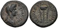 LYDIA, Thyateira. Domitia. Augusta, AD 82-96. Æ (17mm, 3.09 g, 6h). Draped bust right / Tripod. RPC II 945; BMC 71. Near VF, dark grayish-brown patina, porous.