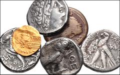 MIXED. Greek-Byzantine. Lot of Six (6) AV, AR, and Æ form Athens to Constans II. Includes: GREEK: Attica, Athens. AR Tetradrachm // Ptolemaic Kings of Egypt, Cleopatra III & Ptolemy X Alexander I. AR 
