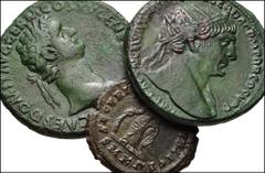 ROMAN. Imperial. Lot of Three (3) Æ from Domitian to Helena. Includes: Domitian. Æ As. Laureate head right / Fortuna standing facing, head left, holding rudder and cornucopia // Trajan. Æ Dupondius. R
