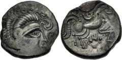 Celtic GAUL, Northwest. Coriosolites. Circa 100-50 BC. BI Stater (19mm, 6.36 g, 3h). Celtic head right, hair in large spiral curls, S-like ear / Celticized rider on horseback right, double crescent ab