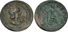Roman Provincial CILICIA, Syedra. Salonina. Augusta, AD 254-268. Æ Hendekassarion (30mm, 18.91 g, 12h). Draped bust right, wearing stephane, IA (mark of value) before / Ares seated right on rocks, hol