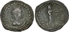 Roman Provincial CILICIA, Tarsus. Salonina. Augusta, AD 254-268. Æ (29mm, 13.28 g, 6h). Draped bust right, wearing stephane, crescent at shoulders; all enclosed within oak wreath / Helios advancing ri