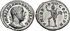 Roman Imperial Severus Alexander. AD 222-235. AR Denarius (20mm, 3.05 g, 6h). Rome mint. 18th emission, January–February/March AD 235. Laureate, draped, and cuirassed bust right / P M TR P XIIII COS I