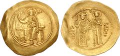 Byzantine John II Comnenus. 1118-1143. AV Hyperpyron (31mm, 4.34 g, 6h). Constantinople mint. Struck 1122-circa 1137. Christ Pantokrator enthroned facing on suppedion / Crowned facing figures of John,