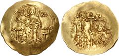 Byzantine John II Comnenus. 1118-1143. AV Hyperpyron (26.5mm, 4.22 g, 6h). Thessalonica mint. Struck 1118-circa 1122. Christ Pantokrator enthroned facing on suppedion / Half-length figures of John, we