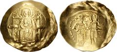 Byzantine Isaac II Angelus. First reign, 1185-1195. AV Hyperpyron (29mm, 4.20 g, 6h). Constantinople mint. The Theotokos enthroned facing, holding facing bust of the Holy Infant on lap / Facing figure