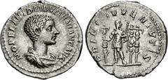 Roman Imperial Diadumenian. As Caesar, AD 217-218. AR Denarius (20.5mm, 3.16 g, 6h). Rome mint. 2nd emission of Macrinus, AD 217-218. Bareheaded, draped, and cuirassed bust right / Diadumenian standin