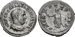 Roman Imperial Balbinus. AD 238. AR Denarius (20mm, 2.29 g, 6h). Rome mint. 1st emission. Laureate, draped, and cuirassed bust right / Balbinus standing left, holding branch and parazonium. RIC IV 5; 