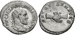 Roman Imperial Pupienus. AD 238. AR Antoninianus (21mm, 4.52 g, 7h). Rome mint. 2nd emission. Radiate, draped, and cuirassed bust right / Clasped right hands. RIC IV 11b; BMCRE 92-4; RSC 21. Toned, sl