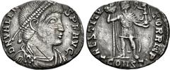 Roman Imperial Valens. AD 364-378. AR Siliqua (16.5mm, 1.49 g, 12h). Arelate (Arles) mint, 2nd officina. Struck AD 364-367. Pearl-diademed, draped, and cuirassed bust right / Valens standing facing, h