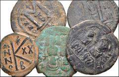 BYZANTINE. Lot of Five (5) Æ from Justin II to Maurice Tiberius. Includes: Justin II and Sophia. Æ Follis. Cyzicus mint // Nicomedia mint (2) // Theopolis (Antioch) mint // Maurice Tiberius. Æ Half Fo