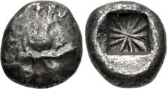 Greek LYCIA, Uncertain. Circa 520-470/60 BC. AR Stater (18.5mm, 9.16 g). Head of lion right / Incuse square with lines radiating from center. Müseler I, 1–2; Falghera Appendix Type D; SNG Copenhagen S