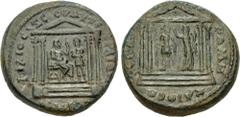 Roman Provincial MYSIA, Pergamum. Trajan, with Divus Augustus. AD 98-117. Æ (24mm, 11.65 g, 12h). Struck circa AD 113/4. Statue of Zeus Philios seated right, holding patera and spear; to his right, Tr