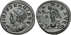 Roman Imperial Carus. AD 282-283. Antoninianus (22mm, 3.91 g, 6h). Lugdunum (Lyon) mint, 1st officina. 1st emission, November AD 282. VIRTVS CARI AVG, radiate, helmeted, and cuirassed bust right left,