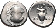 BOEOTIA, Thebes. Circa 395-338 BC. AR Stater (22mm, 11.89 g). Kle(e)s-, magistrate. Struck circa 379-368 BC. Boiotian shield / Amphora; wreath above, KΛ EΣ across central field; all within incuse conc
