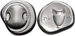 BOEOTIA, Thebes. Circa 395-338 BC. AR Stater (21mm, 12.15 g). Peli-, magistrate. Struck circa 379-368 BC. Boeotian shield / Amphora; ΠE-Λ[I] across central field; all within incuse concave circle. Hep