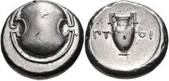 BOEOTIA, Thebes. Circa 395-338 BC. AR Stater (21mm, 12.13 g). Ptoi-, magistrate. Struck circa 379-368 BC. Boeotian shield / Amphora; ΠT-OI across central field; all within incuse concave circle. Hepwo
