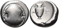 BOEOTIA, Thebes. Circa 395-338 BC. AR Stater (20mm, 12.18 g). Daim-, magistrate. Struck circa 379-368 BC. Boeotian shield / Amphora; [Δ]A-IM across central field; all within incuse concave circle. Hep