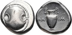 BOEOTIA, Thebes. Circa 395-338 BC. AR Stater (20mm, 12.16 g). Daim-, magistrate. Struck circa 379-368 BC. Boeotian shield / Amphora; ΔA-IM across central field; all within incuse concave circle. Hepwo