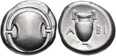 BOEOTIA, Thebes. Circa 395-338 BC. AR Stater (20mm, 12.03 g). [K]abi-, magistrate. Struck circa 368-364 BC. Boeotian shield / Amphora; KA-BI across central field; all within incuse concave circle. Hep