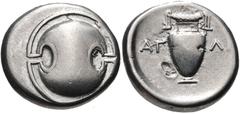 BOEOTIA, Thebes. Circa 395-338 BC. AR Stater (21mm, 12.02 g). Agla-, magistrate. Struck circa 363-338 BC. Boeotian shield / Amphora; AΓ-ΛA across central field; all within incuse concave circle. Hepwo