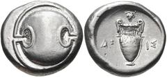 BOEOTIA, Thebes. Circa 395-338 BC. AR Stater (22mm, 12.25 g). Aris-, magistrate. Struck circa 363-338 BC. Boeotian shield / Amphora; grape cluster above, AP-IΣ across central field; all within incuse 