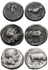 GREEK. Magna Graecia & Sicily. Lot of three (3) AR Triobols of Lucania, Sybaris and Thourioi. Includes: Sybaris. Circa 440-400 BC. AR Triobol (10mm, 1.22 g, 5h). Poseidon advancing right, holding trid